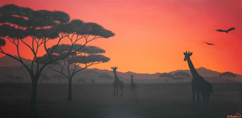 A painted scene of the African plains, with a bright red and orange sunset sky, and the silhoutte of giraffes and acacia trees in the foreground