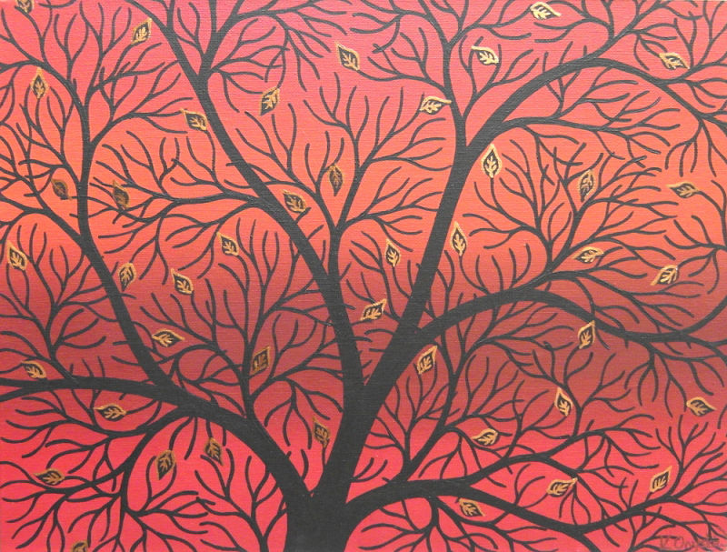 Black stylised branches of a tree with just a few copper edges leaves left, against a background of blended red and orange lines
