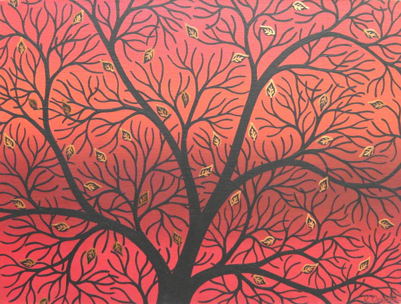 Black stylised branches of a tree with just a few copper edges leaves left, against a background of blended red and orange lines