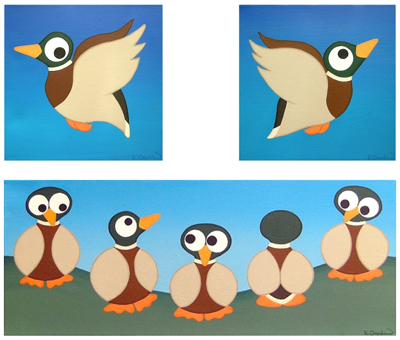 A triptych with 2 flying mallards on separate canvases above a long canvas, which has a row of 5 ducks stood on the grass