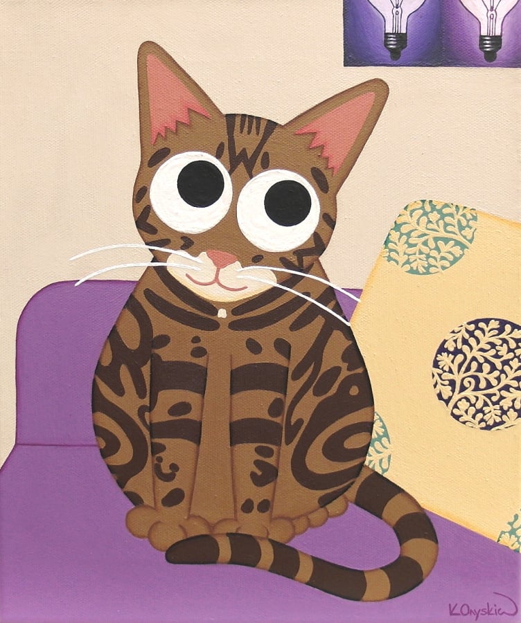 An acrylic painting of a cartoon Bengal cat sat on a purple sofa