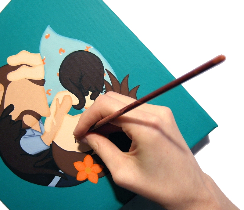 A hand painting a picture on a canvas of two people curled together with cats sleeping on top of them