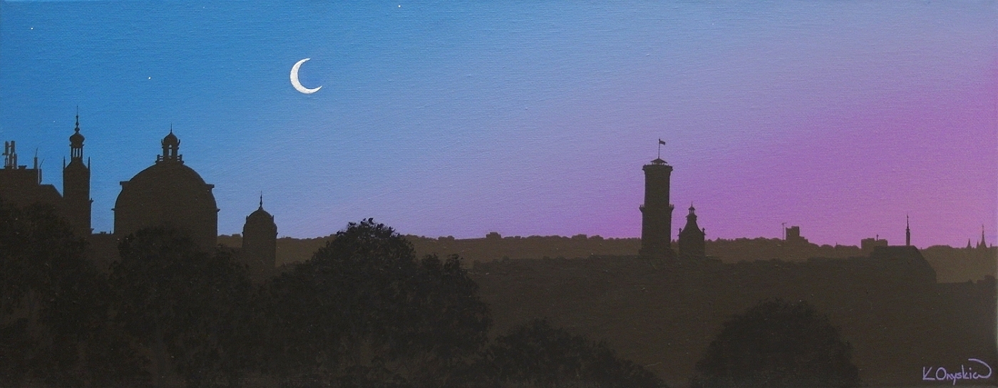A panoramic painting of the skyline of Lviv in silhouette, under a blue and pink dusk sky with a crescent moon