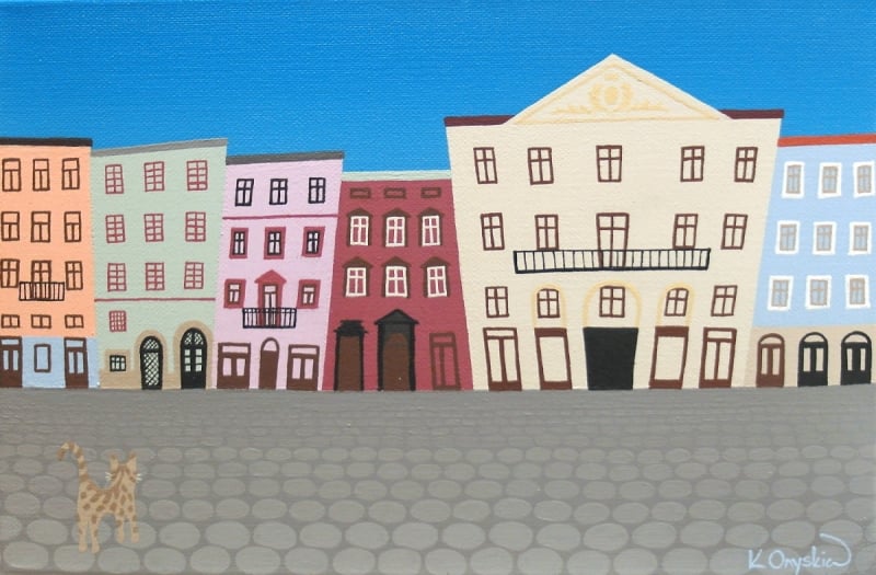 A stylised acrylic painting of Ploshcha Rynok (Market Square) in Lviv, with a line of colourful buildings and a tabby cat on the cobbled street
