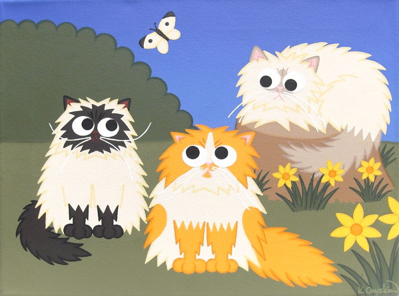 A cartoon painting of three persian cats sat in a garden watching a butterfly
