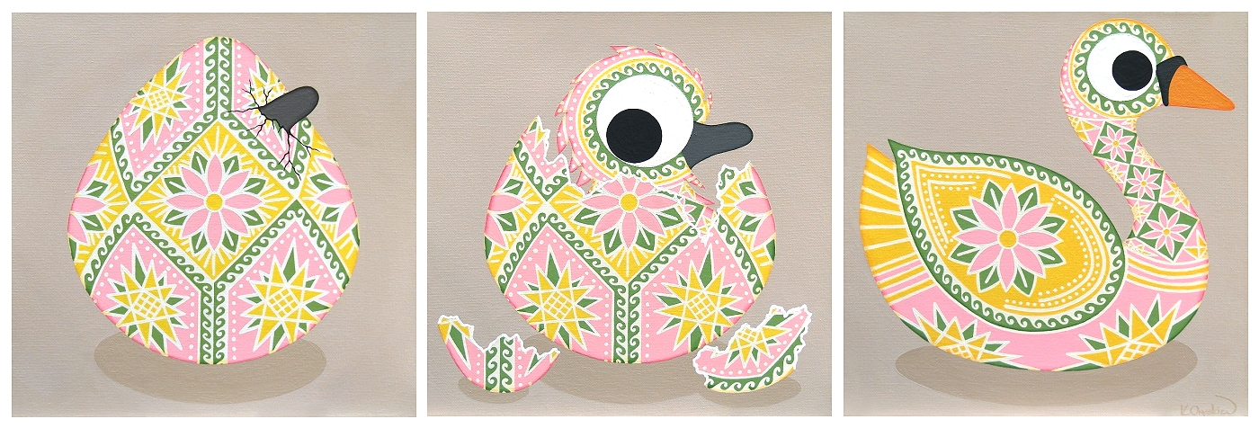 A triptych showing the stages of an egg, the egg hatching into a cygnet and then the adult swan it grows in to. In all three paintings, the egg and swan have been painted with colourful patterns as found on Ukrainian pysanky