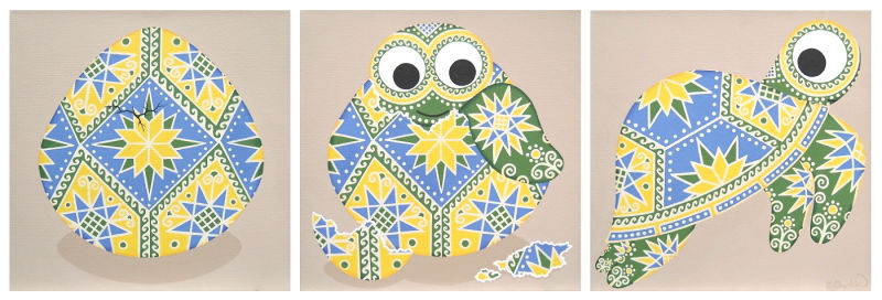 A triptych showing the stages of an egg, then a baby turtle hatching out of the egg, then the turtle as an adult. In all three images, the egg and turtle are painted with colourful patterns as found on Ukrainian pysanky