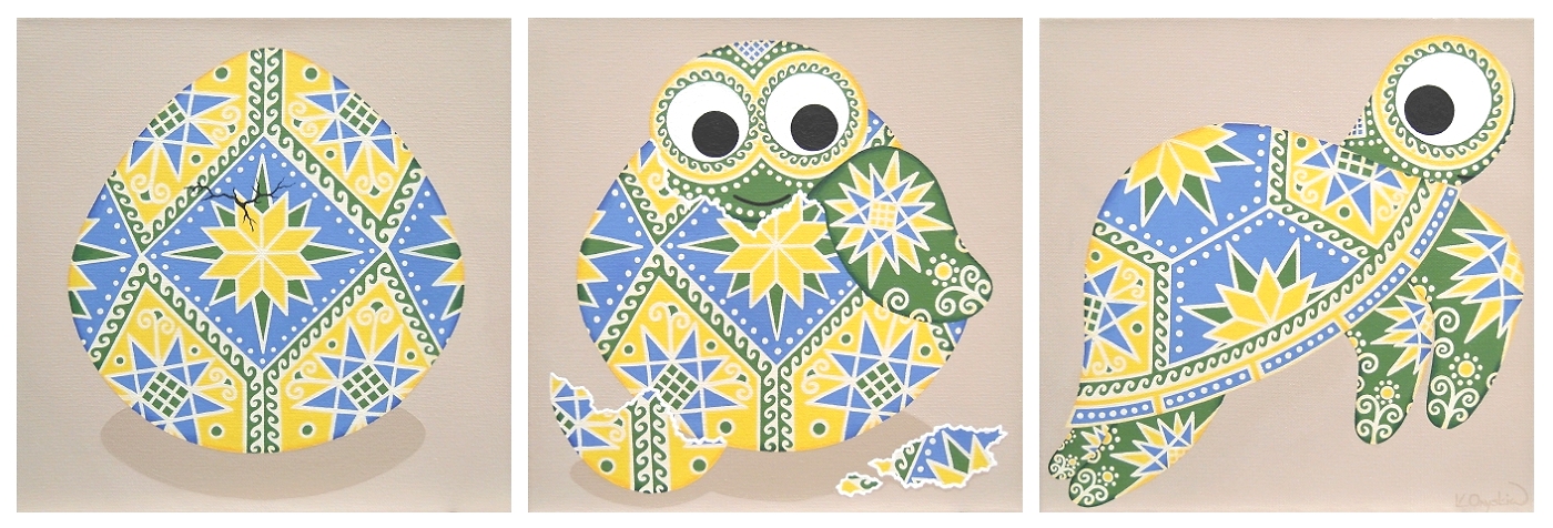 A triptych showing the stages of an egg, then a baby turtle hatching out of the egg, then the turtle as an adult. In all three images, the egg and turtle are painted with colourful patterns as found on Ukrainian pysanky