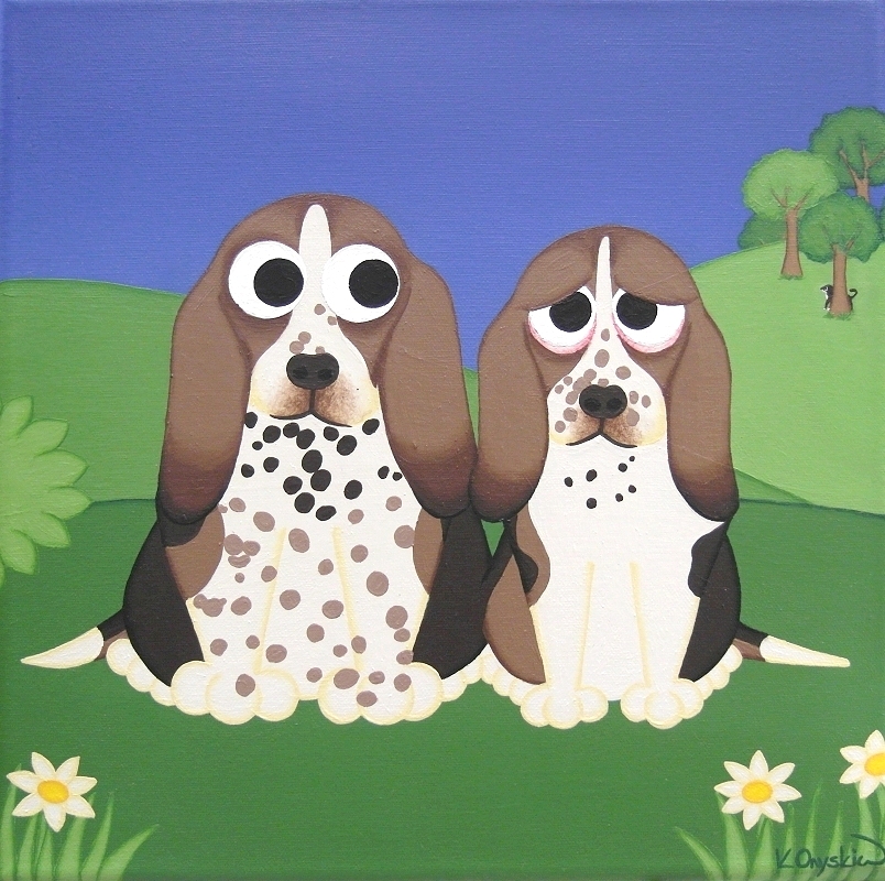 A cartoon pet portrait of two basset hound dogs sat in a hilly landscape