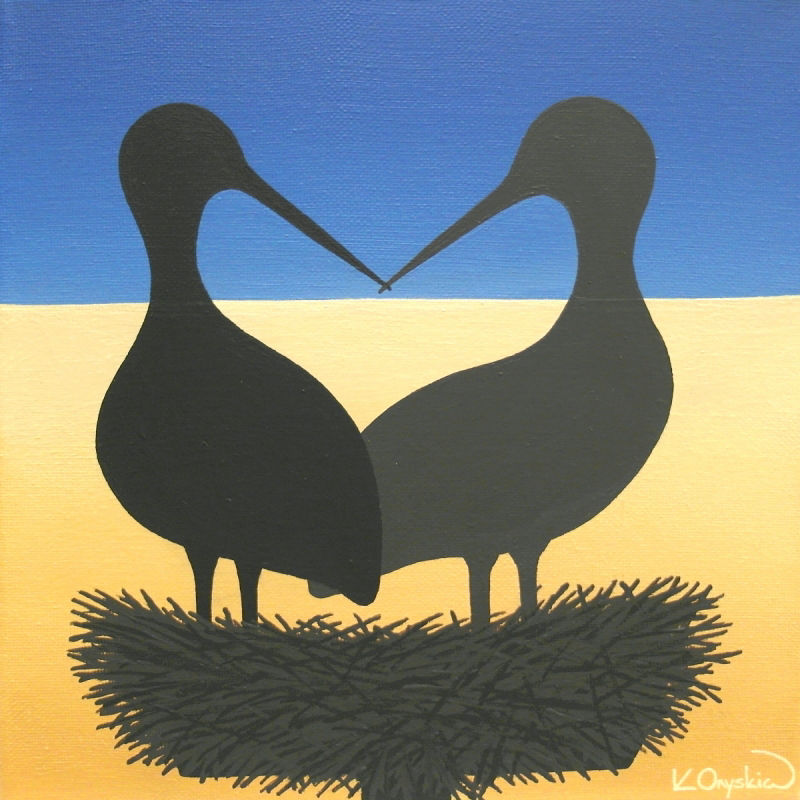 A painting with the silhouette of two storks stood in a nest, creating a heart with the gap between their bodies. The background has a clear blue sky and yellow fields, creating a Ukrainian flag