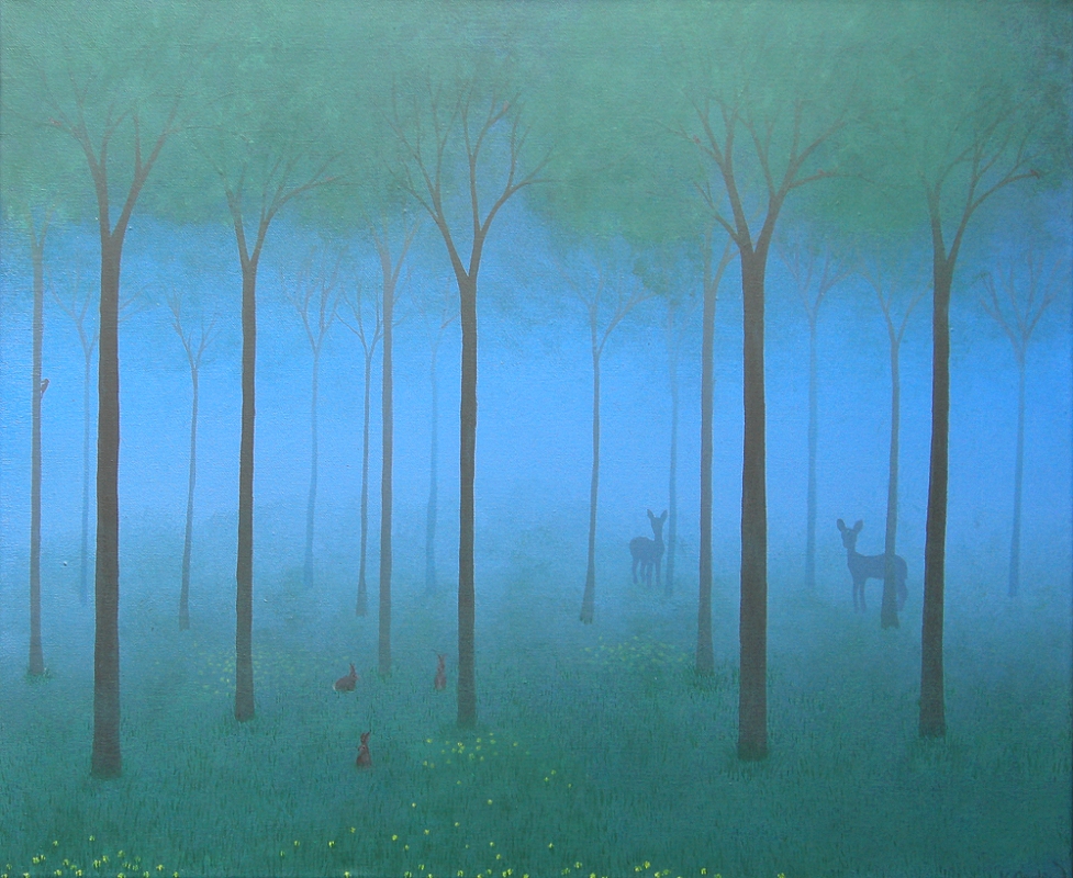 A painted landscape of a woodland, with rabbits in the foreground and the misty shapes of deer seen in the distance