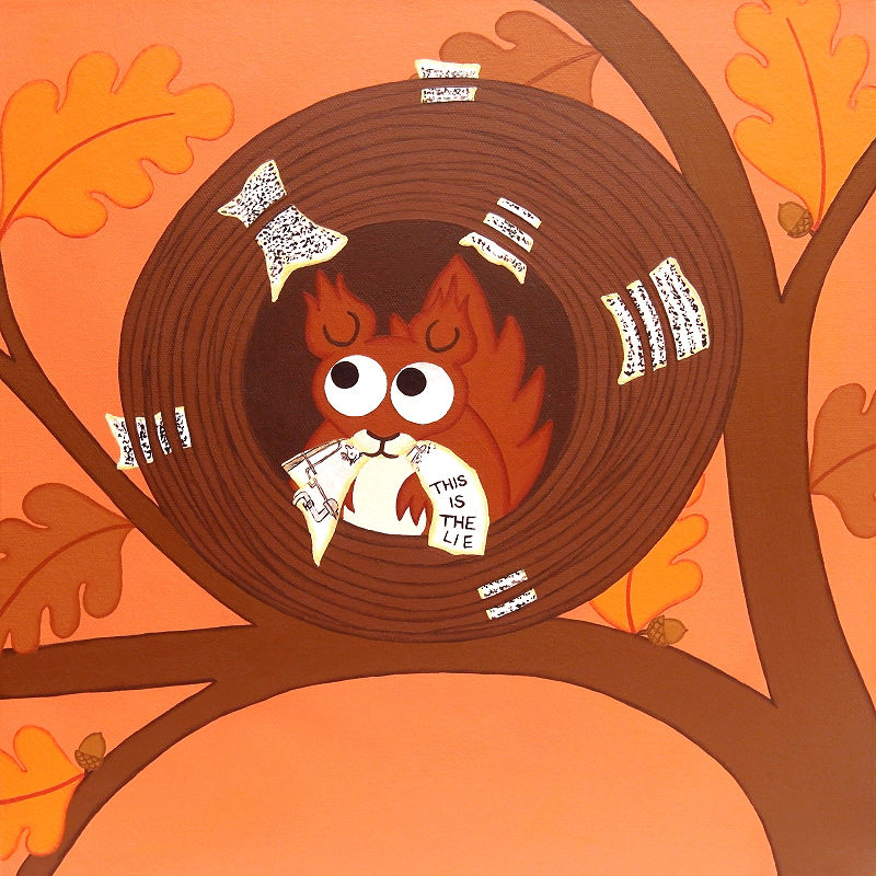 A whimsical painting of a cartoon red squirrel in a drey, stuffing pages from a book between the twigs of its home