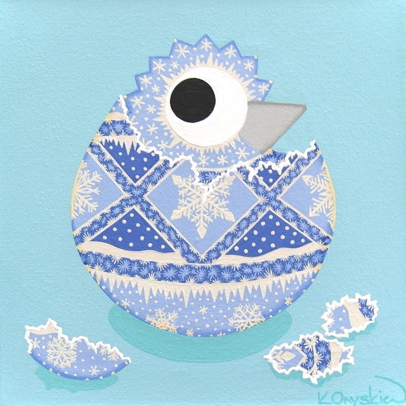 A cartoon chick is shown hatching out of an egg, both the chick and the egg are decorated with blue and white icy patterns