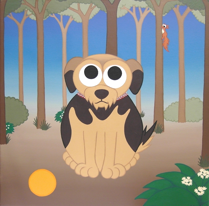A whimsical painting of a small black and brown dog with an orange ball, sat in a woodland with a red squirrel running up a tree in the distance