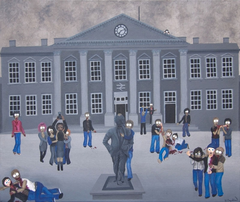 A grey scene outside Huddersfield train station, with cartoon zombies slowly taking over the town