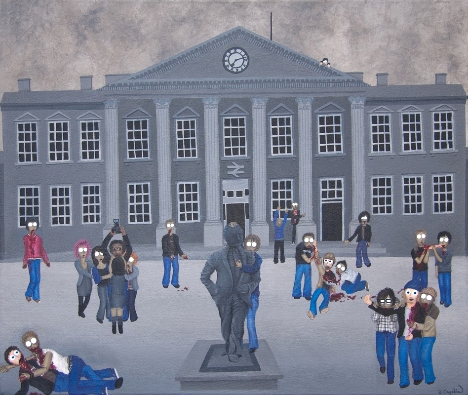 A grey scene outside Huddersfield train station, with cartoon zombies slowly taking over the town